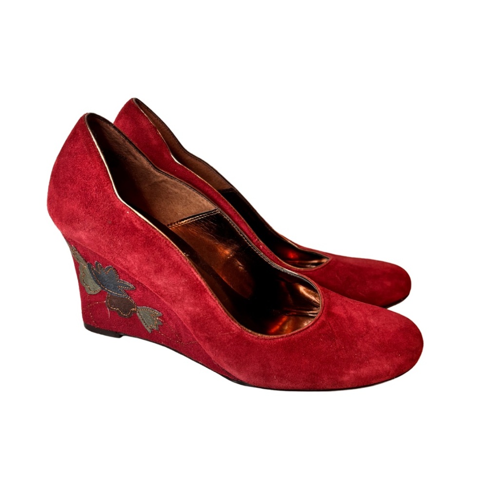 Sam & Libby Vintage 90’s Burgundy Red Suede Flower Embellished Wedge Heel Size 8